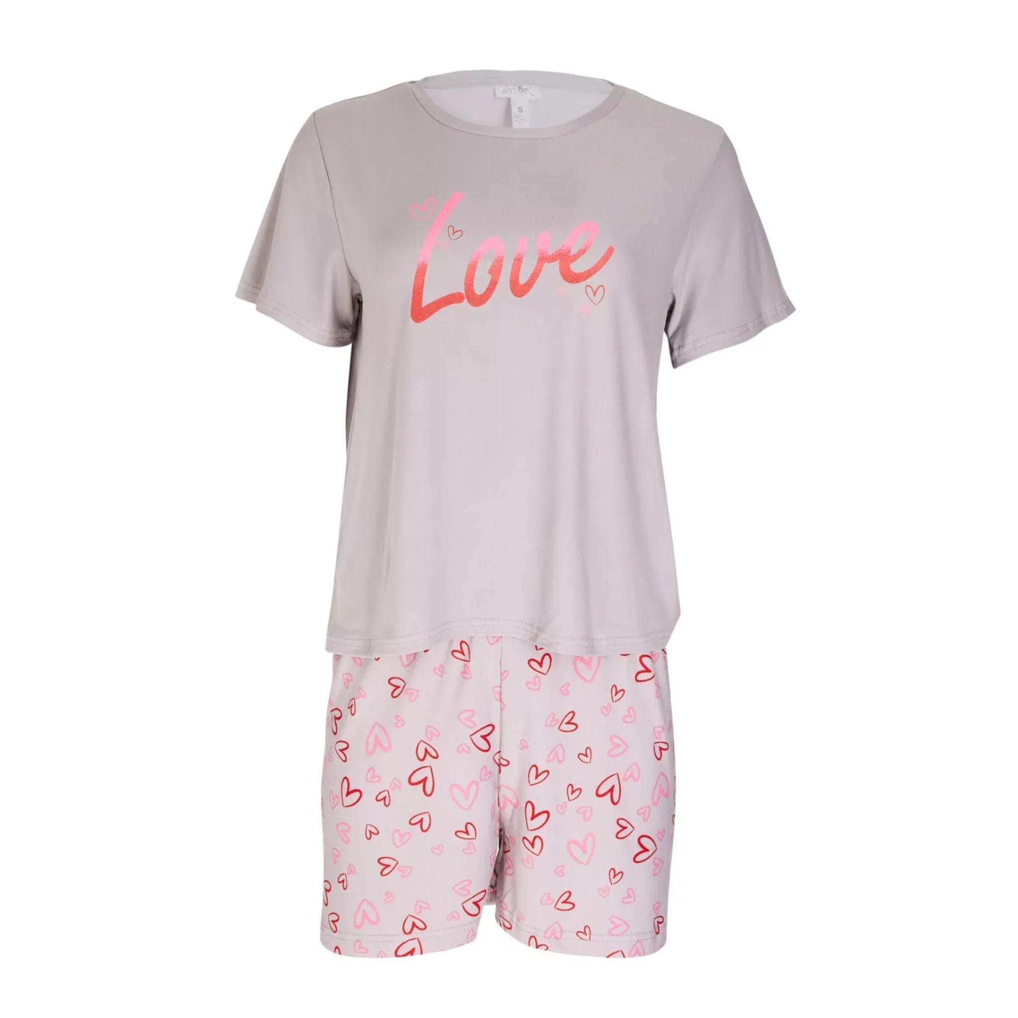 Ladies short sleeve 'Love' print pyjama set β light grey top with heart print pink shorts β soft and comfortable women's nightwear
